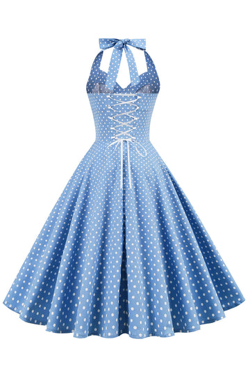 Retro Polka Dots Halter Open Back Dress